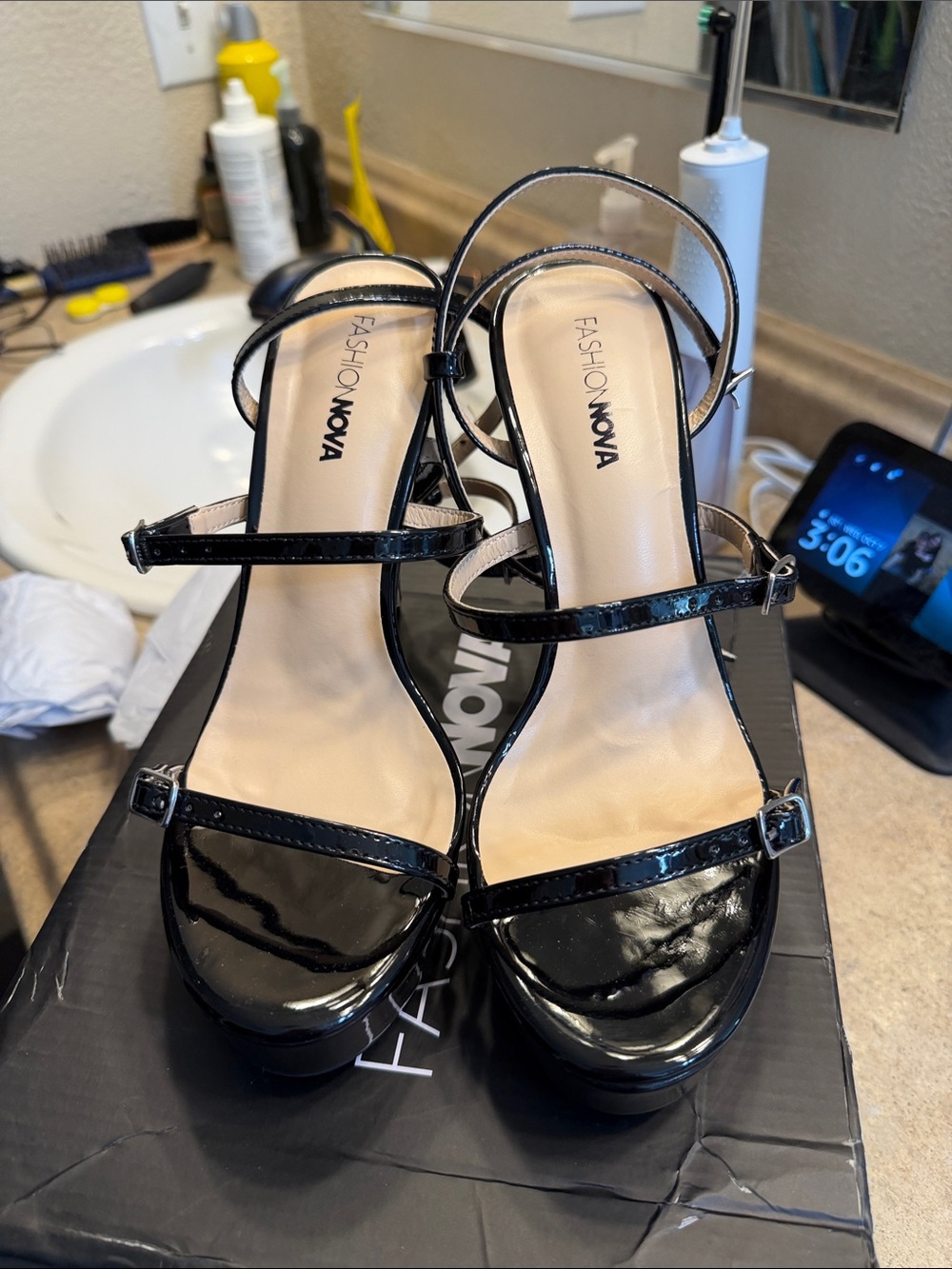 Brand New Fashion Nova Black Patent Platform Slingback Heels - Picture 2 of 5